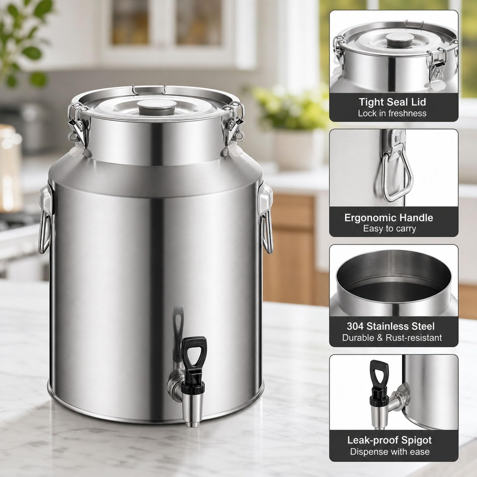 5-88 Litri Bidone Fusto in Acciaio Inox 304 con Rubinetto e Coperchio Ermetico, Contenitore Alimentare Antiperdita per Conservazione Olio Vino Latte in Cucina e Fattoria