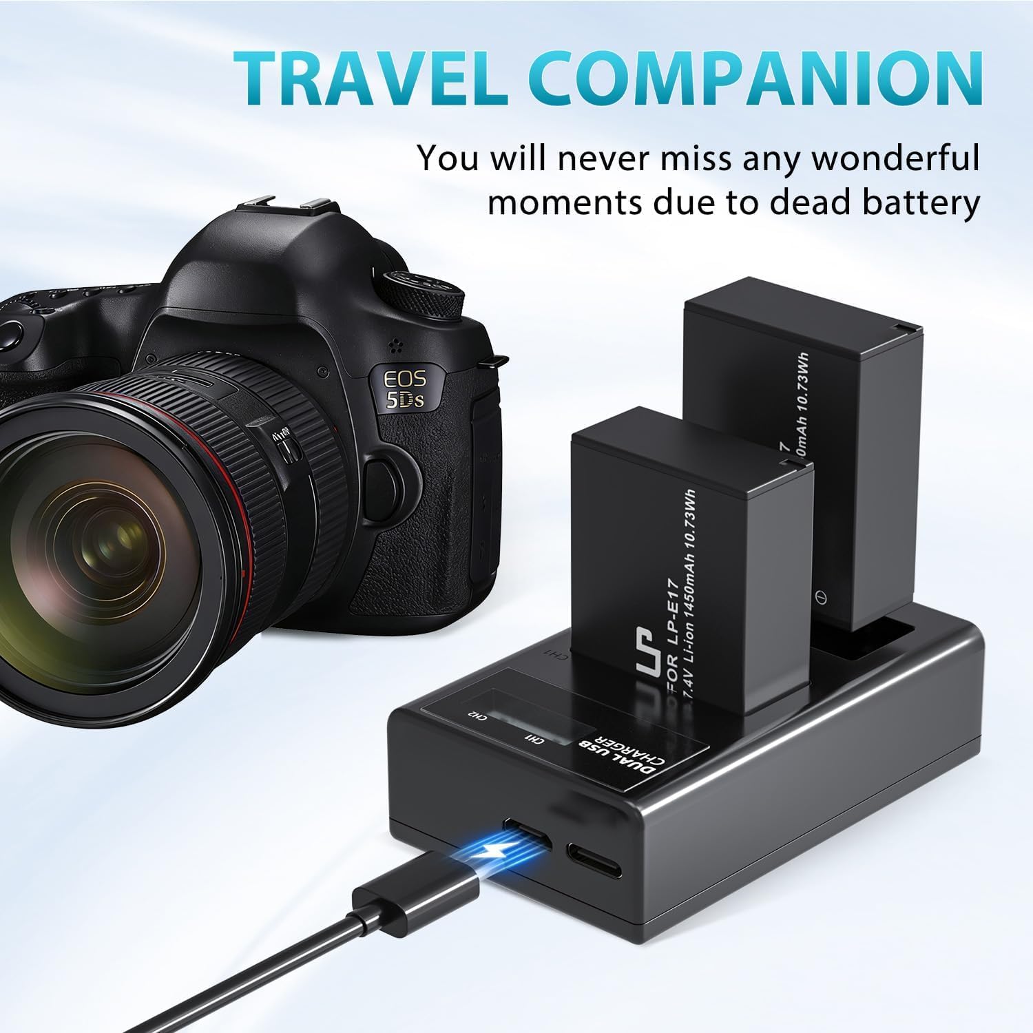 LP LP-E17 Battery Charger, LCD Display & USB-C Dual Slot Charger Compatible with Canon EOS Rebel T7i, T6i, T6s, SL3, SL2, 77D, 9000D, 8000D, 800D, 760D, 750D, 200D, M6, M5, M3, Kiss X8i DSLR Cameras