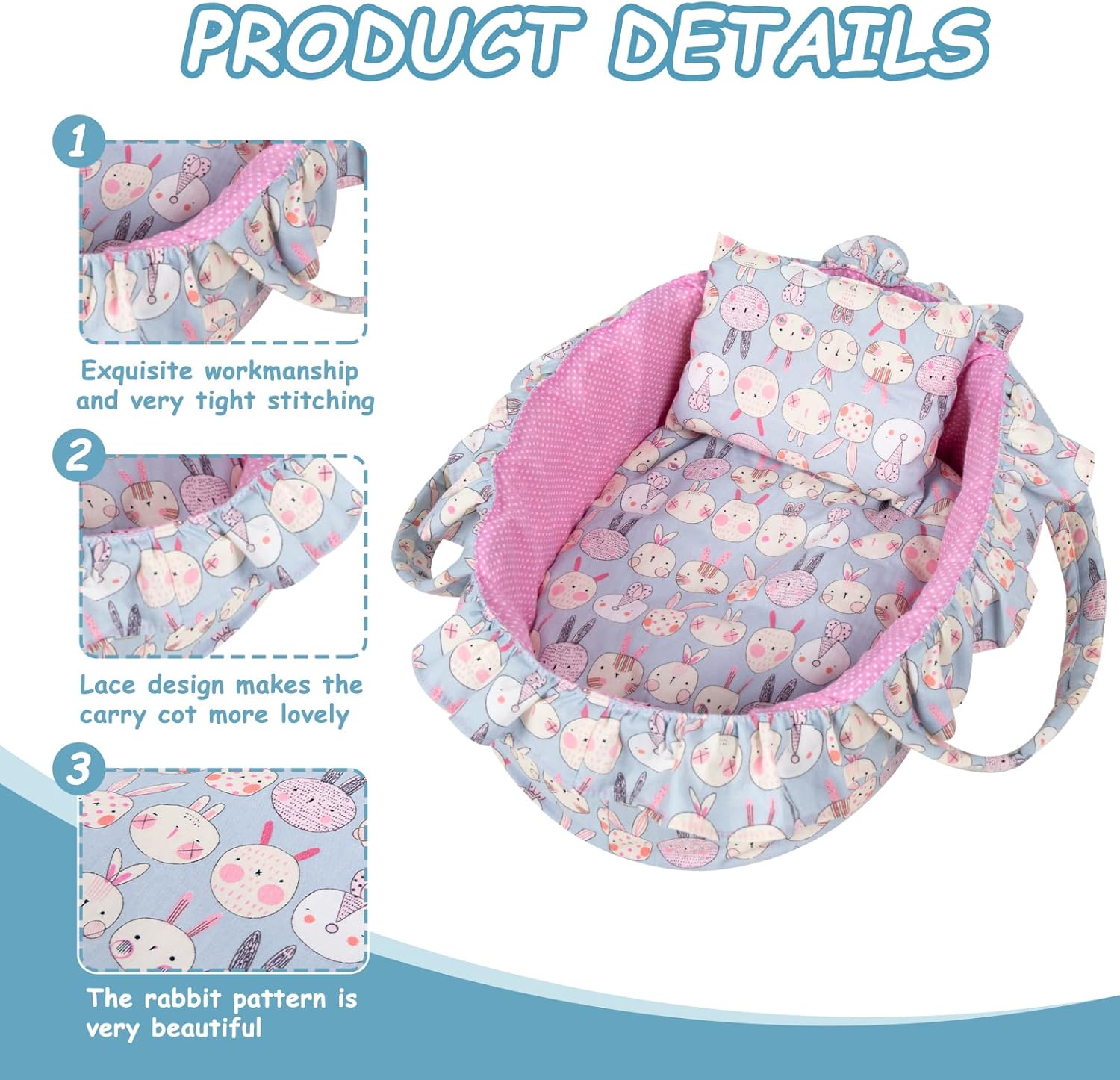 Doll Carry Cot Set, Soft 3PC Set Includes Cot, Mattress and Pillow, Blue Rabbit Doll Bassinet, Fits for 10-12 Inch American Girl Dolls