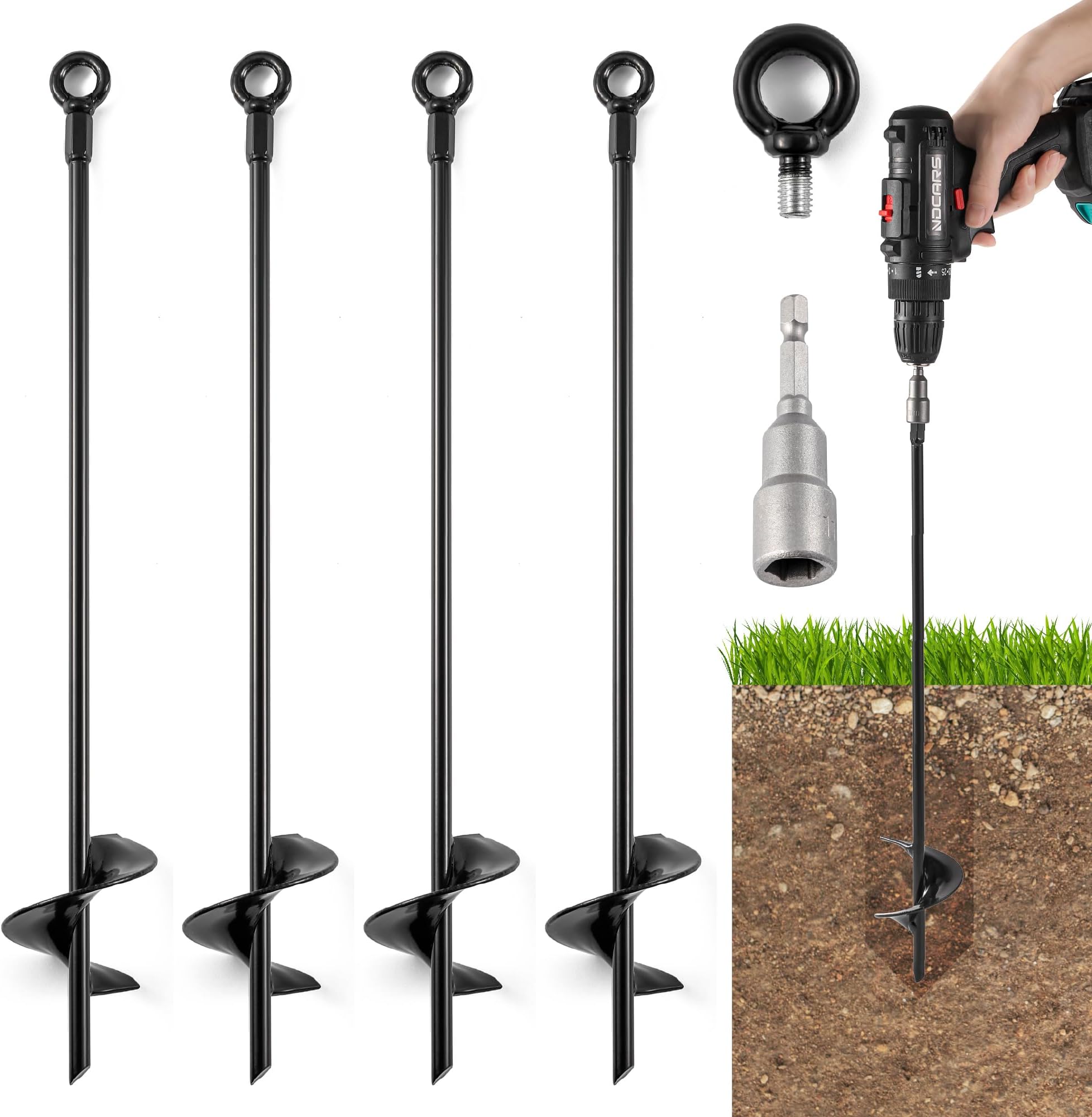 18'' Ground Anchors Screw in Tent Stakes Heavy Duty Earth Anchors - Solid Steel with Sharp Tips & 3 inch Helix Blades to Drill Deep for Trampoline, Swing Sets, Carports, Gazebos, Green House Tents