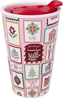 Martha Stewart 12 oz Ceramic Travel Mug with Plastic Lid, Festive Coffee Cup for Hot Drinks, Christmas Gift for Coffee & Tea Lovers (Holiday Stamps)