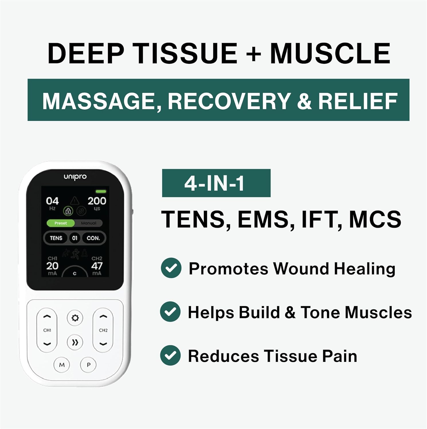 TensCare Unipro device with electrode pads placed on a person's back