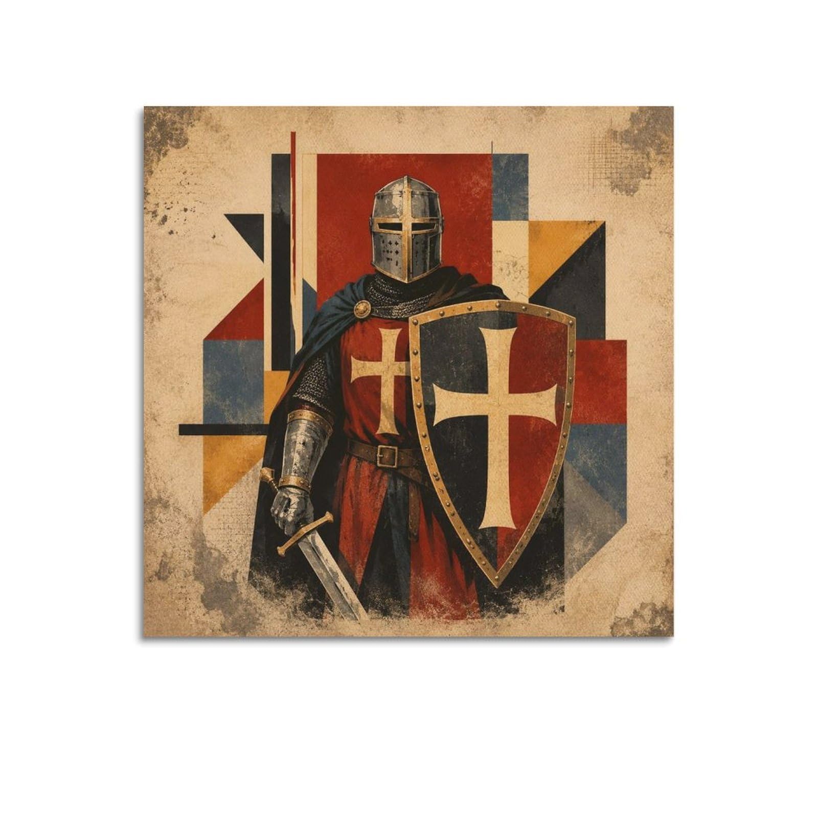 XKUGA Geometric Vintage Poster Templar Knight Black Cross Shield Modern Decorative Canvas Prints - Ideal Wall Art for Family, Man Cave, Game Room, Boys & Girls Bedroom 20x20inch(50x50cm)