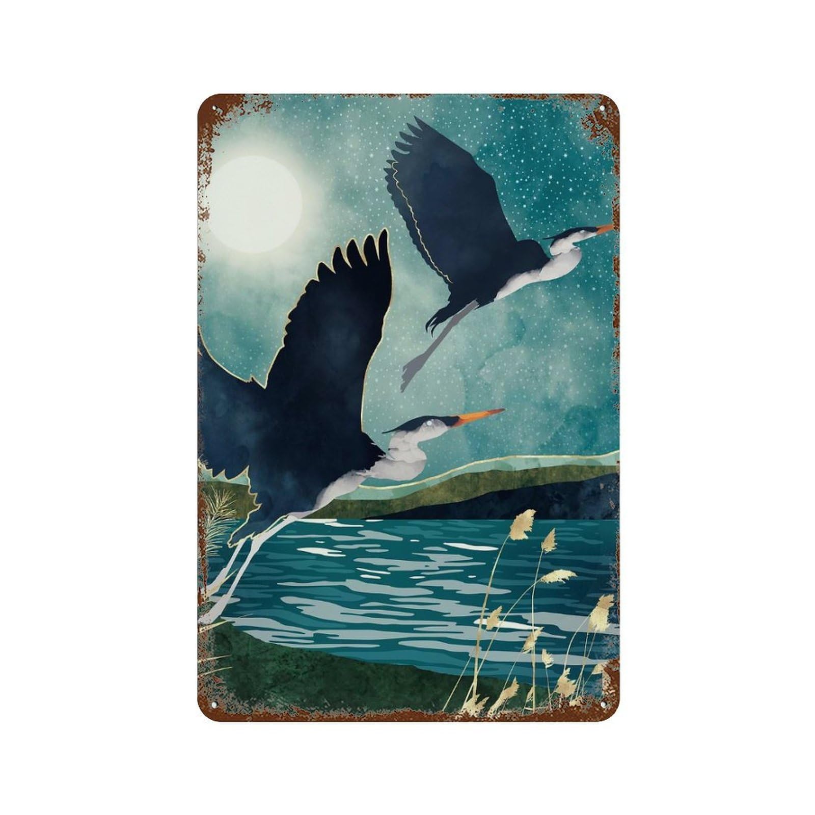 Rust Effect Evening Heron Rustic Tin Plaque 11.8"x7.9", Classic Wall Plaque for Shed, Workshop And Garage Wall Decor