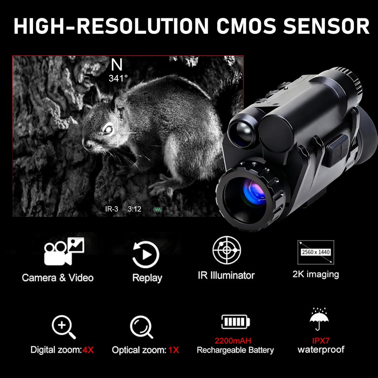 Digital 4X Zoom Night Vision Monocular - Waterproof 2K Night Vision Goggles Head Mounted, for Hunting Wildlife Outdoor Adventures and Camping
