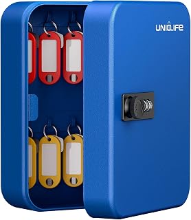 Uniclife 20 Fach Schlüsselbox mit Zahlenschloss und resettbarem Code, Blaue Digitale Sicherheitsbox aus Stahl, Schlüssel Organizer mit bunten Etiketten und Haken