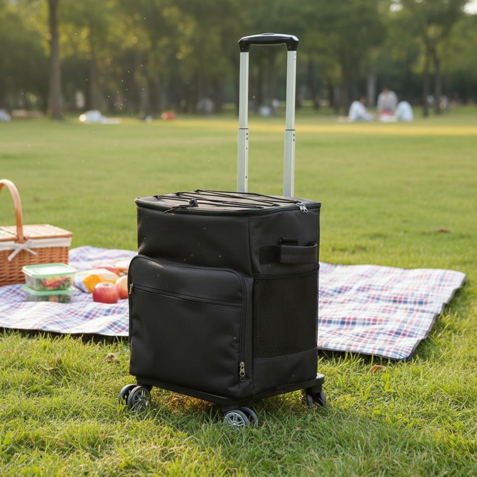 predolo Borsa Frigo Portatile con Ruote Carrello Termico Isotermico Borsa Termica Trolley con Manico Regolabile in Oxford E Rivestimento con Tasca Frontale, Blu Marino, 40L
