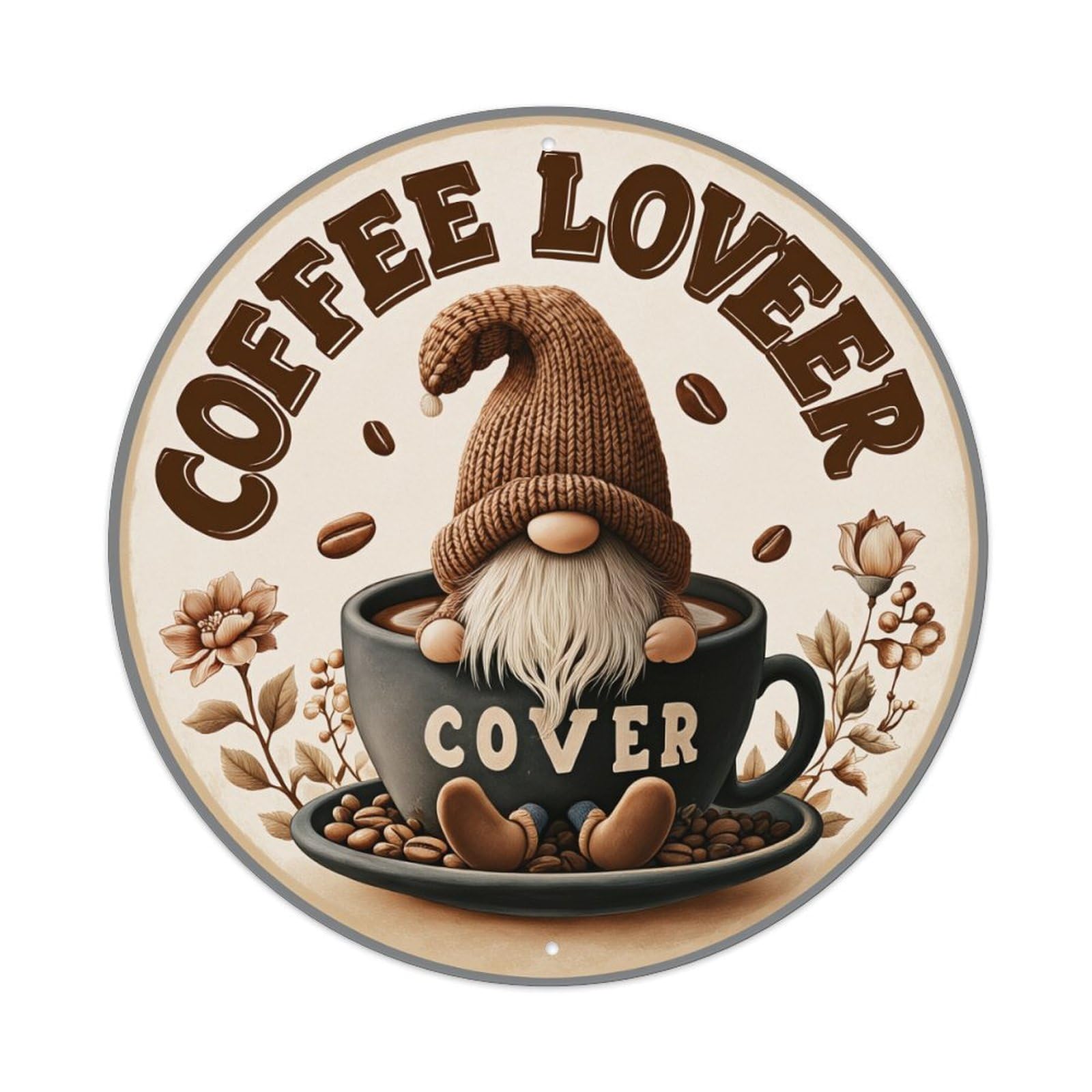 Coffee Lover Gnome Cup Beans Round Tin Sign Vintage Metal Poster, Home Bar Garage Man Cave Cafe Indoor & Outdoor Wall Decoration 8x8Inches