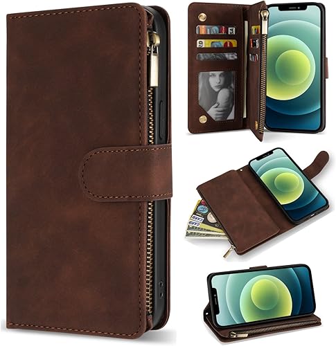 Miniatura 8 de ZZXX Funda tipo cartera para iPhone 12, funda tipo cartera para iPhone 12 Pro con ranura para tarjetas, de piel sintética suave de alta calidad, con