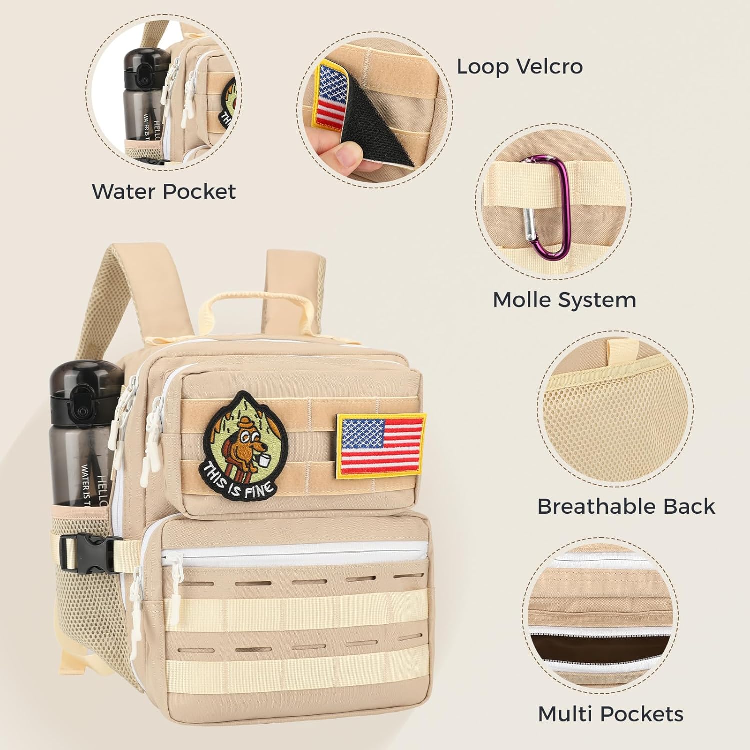 9L Mini Tactical Backpack for Men Women,Small Military Tactical Backpack for Sport,Gym,Hiking,Travel,Camping (Beige) - Image 2