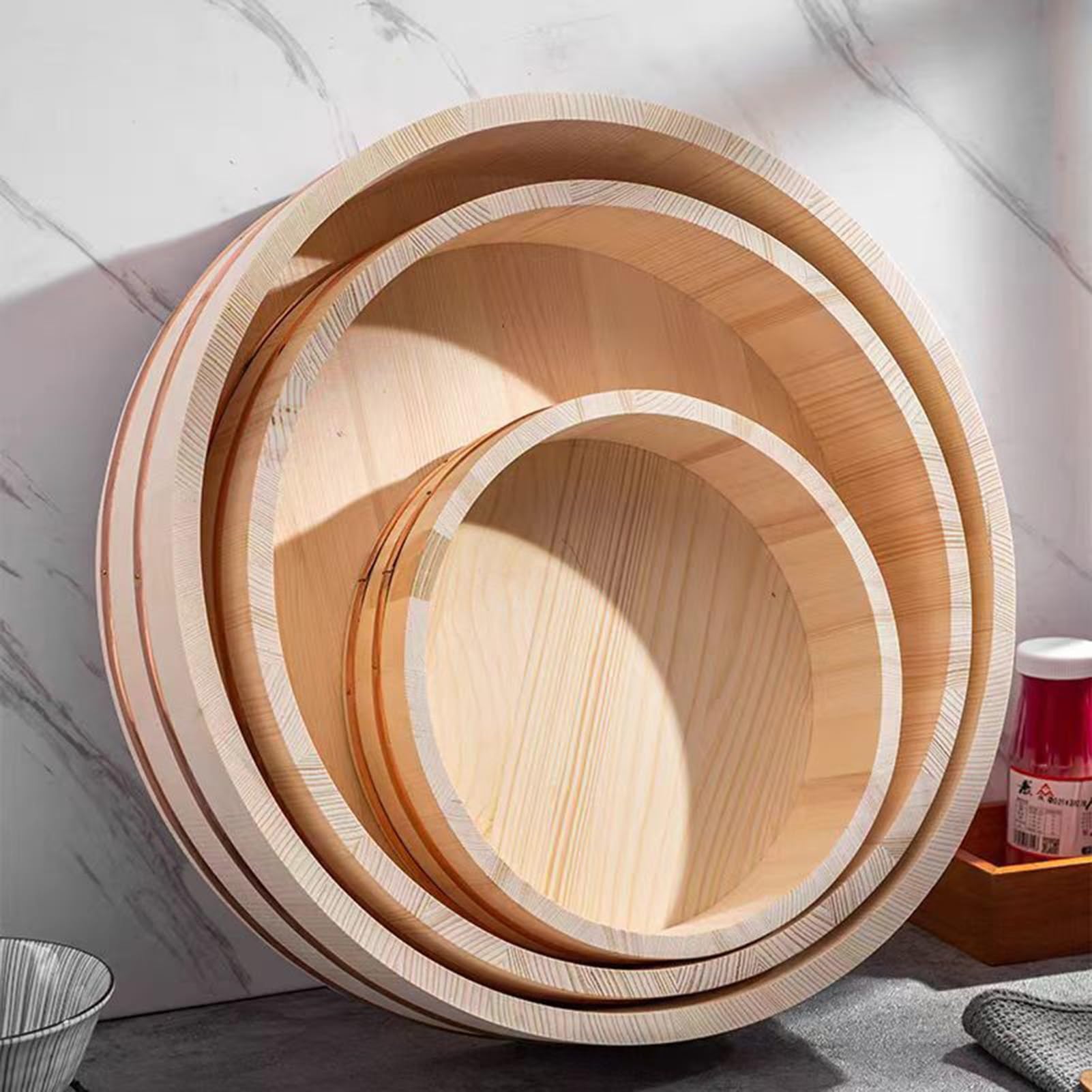 Cuenco de arroz de madera con borde dorado de 60 x 16 cm, elegante cuenco de mezcla de arroz para el hogar y el restaurante, cuenco de enfriamiento ideal para platos de sushi y arroz