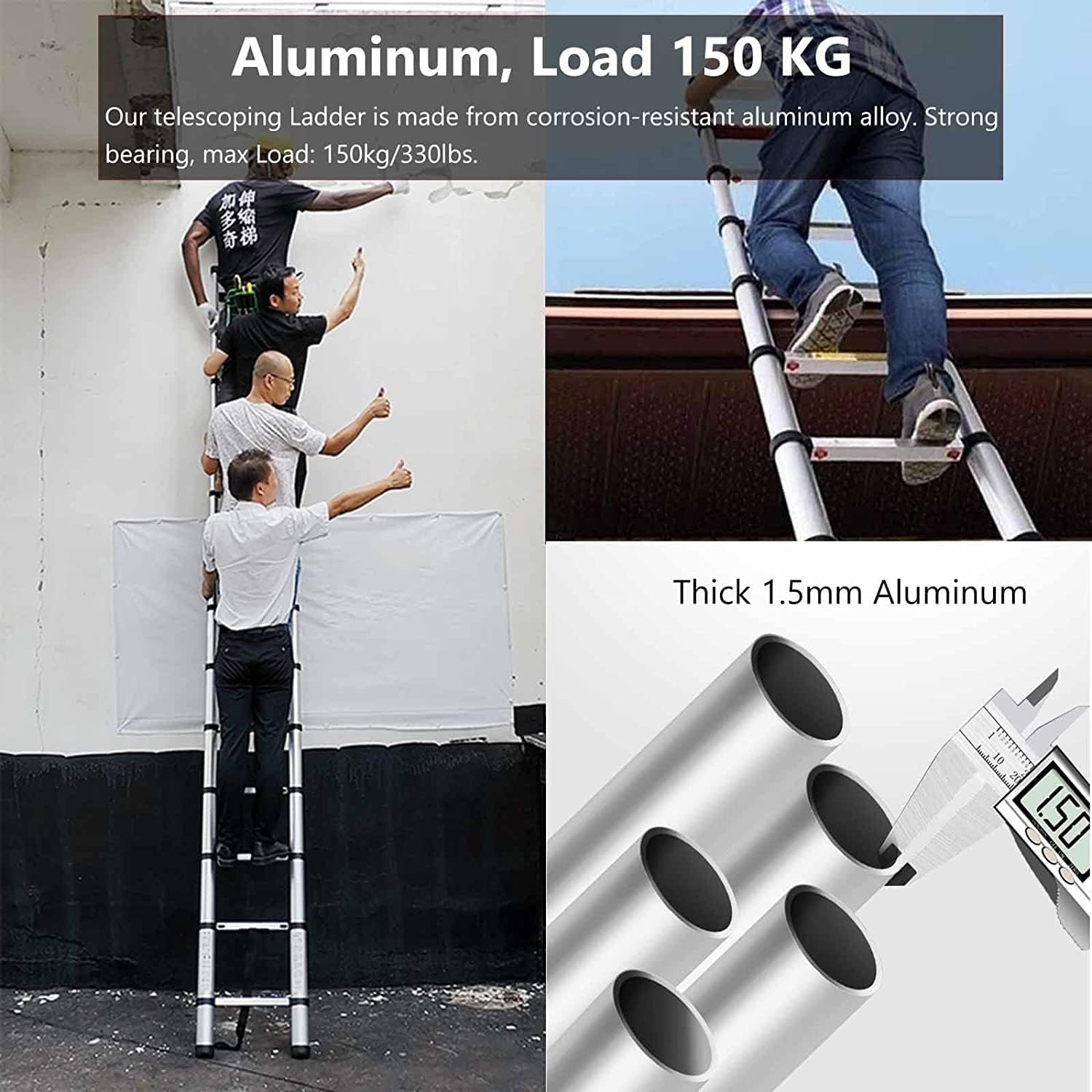 OKUOKA Compact Mighty Telescoping Ladder for Home or Emergency Use, Folding Telescopic Extension Ladders for RV, Loft, Attic & Rooftop, Aluminum Retractable Ladder (Size : 3.4m/11ft)