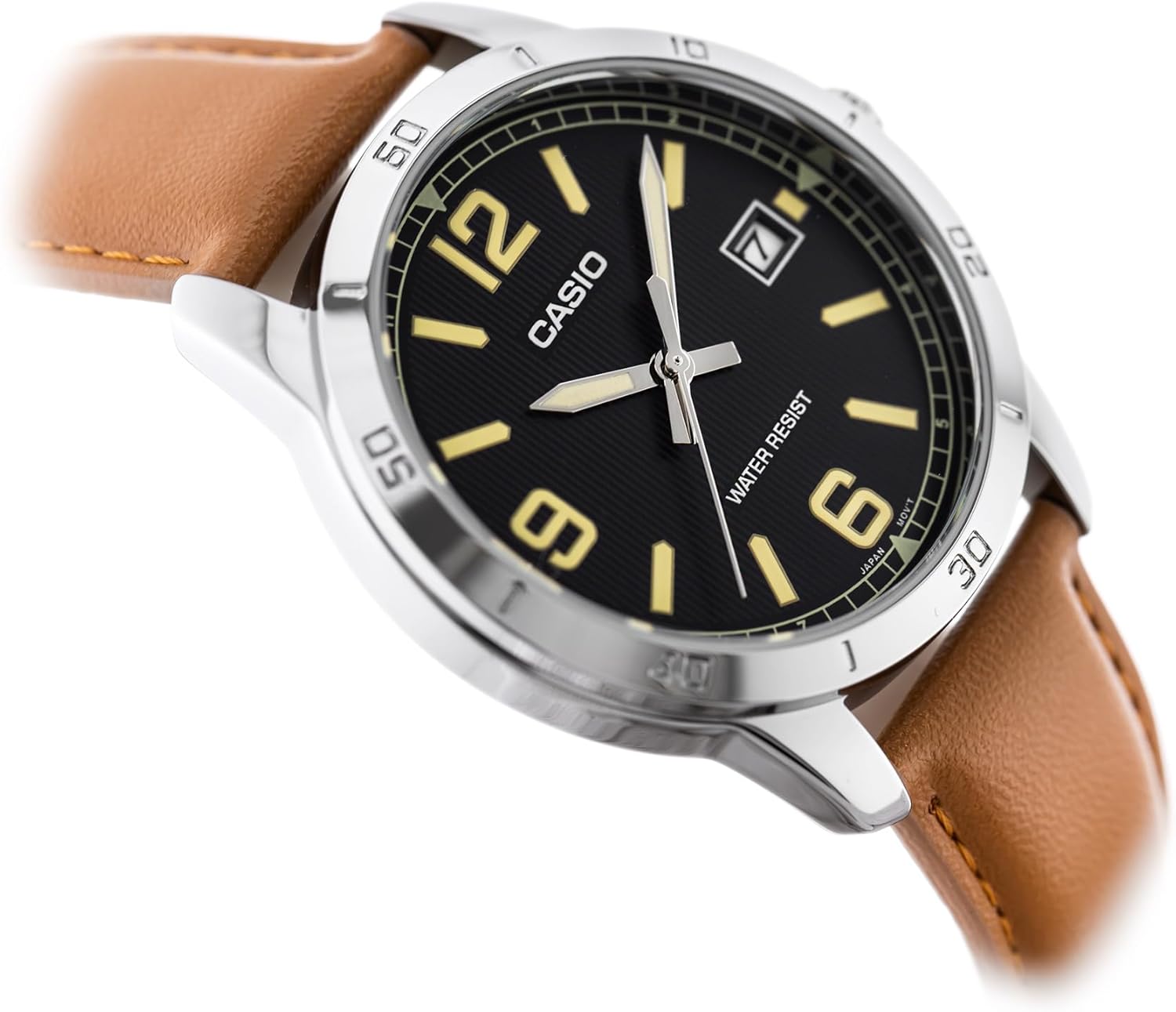 Casio MTP-V004L-1B2 Men's Stainless Steel Brown Leather Band Black Dial Date Watch - Image 3