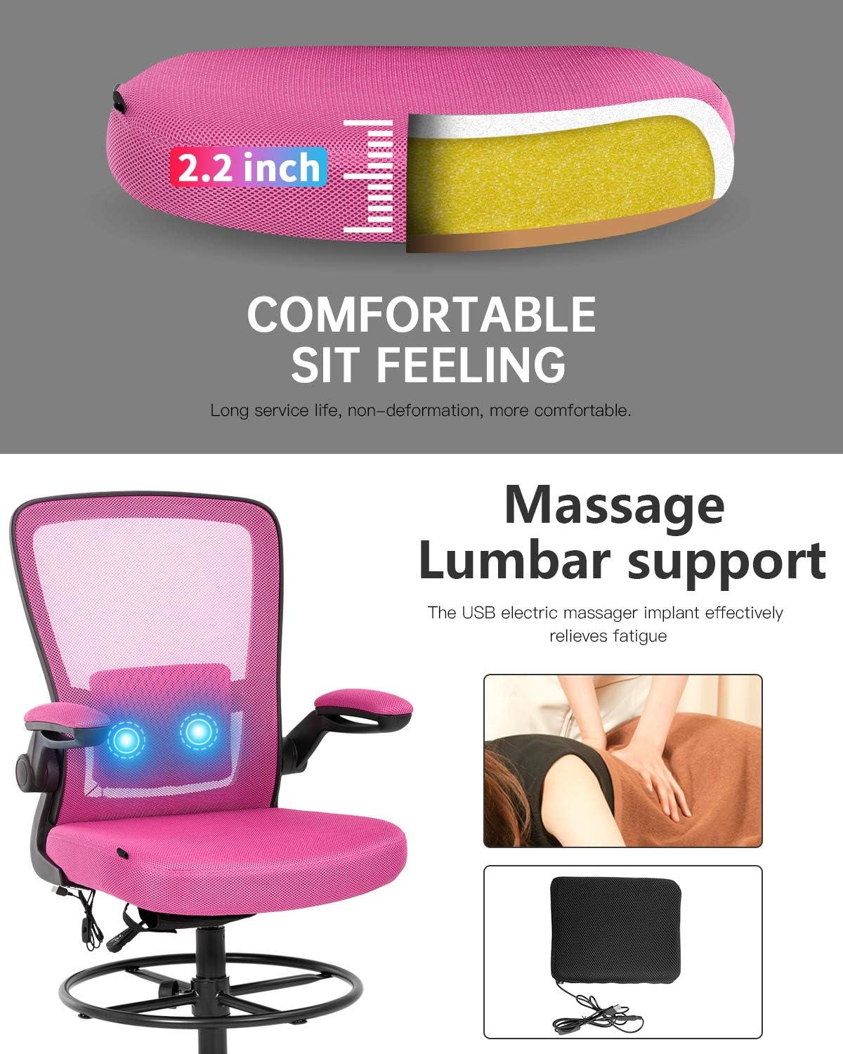 Drafting Chair Tall Office Chair Adjustable Height with Lumbar Support Flip Up Arms Footrest Mesh Desk Chair Massage Computer Chair Task Drafting Stool for Girls(Pink)