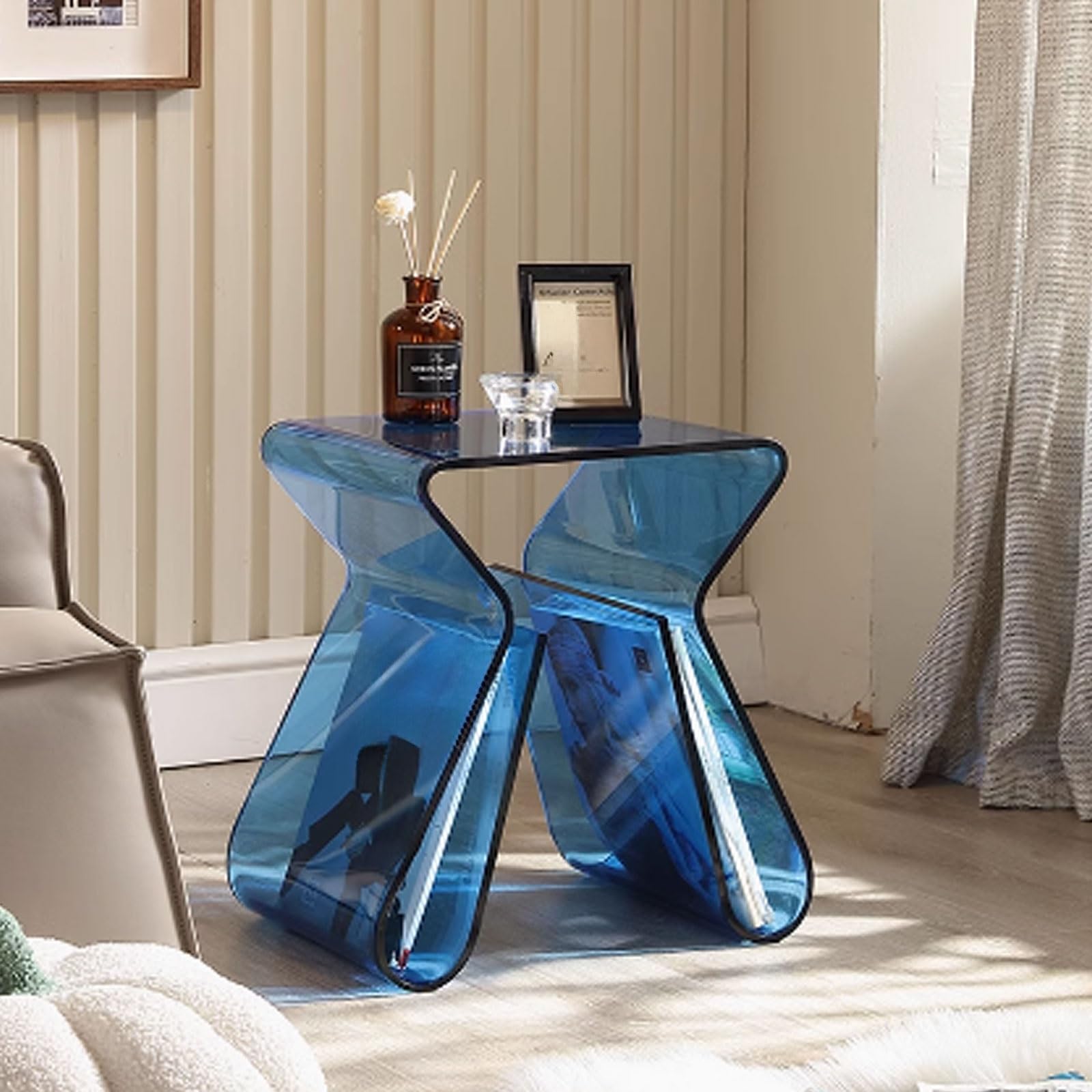 Stoliki Boczne do Salonu ze Schowkiem, Stolik Kanapowy za Sofą, Stoliki Końcowe do Salonu, Stoliki Boczne do Sypialni bez Montażu Akryl na Balkon, Wykusz(Blue)