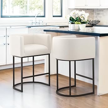 LUE BONA Bar Stools Set of 2 with Backrest Armrests 69 cm High Swivel Chair Metal Bar Chair with 16 cm White Linen Seat Bar Stool with Metal Legs Modern Bar Chair for Kitchen Counter White