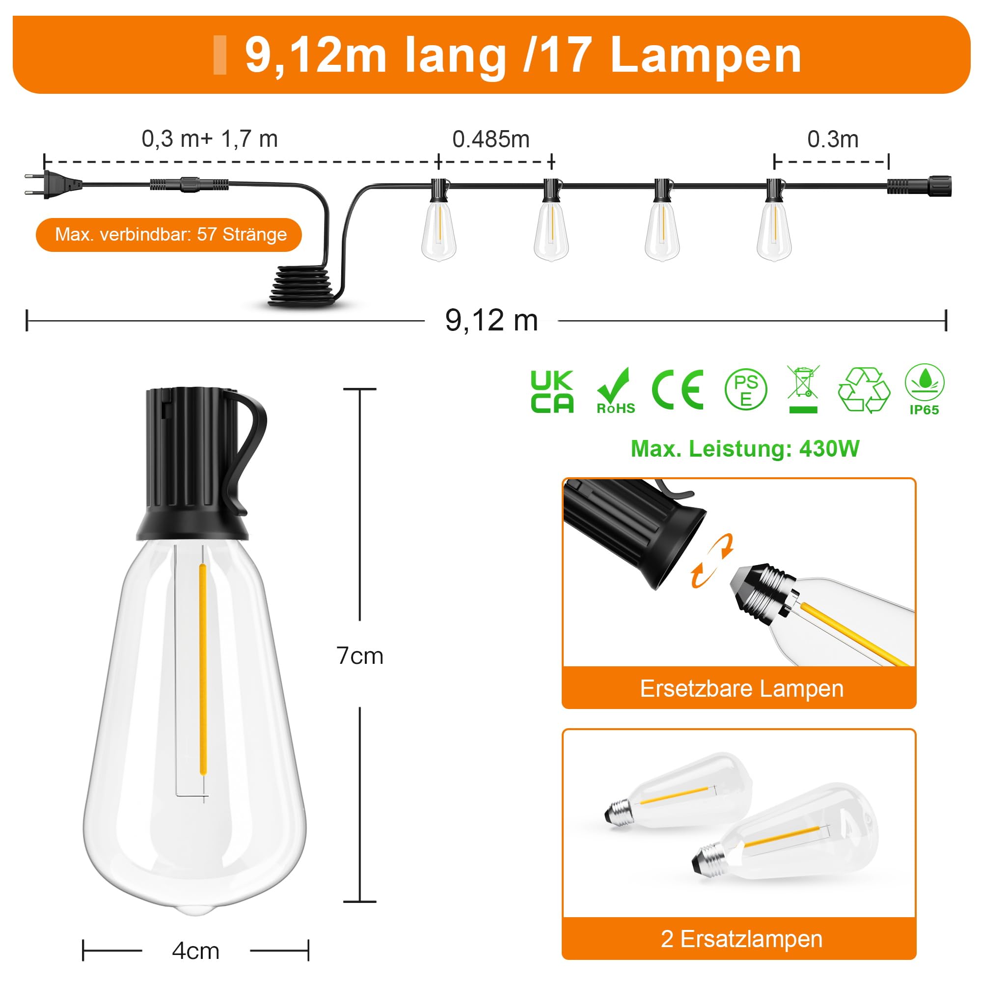 OHLUX 9M Lichterkette Outdoor Weihnachten Außen Festoon Lichter mit Stecker 17 ST38 LED Birnen 2200K Warmweiß IP65 Wasserdichte Verlängerbare Hängeleuchten Fairy Lights für Garten, Terrasse, Pavillon