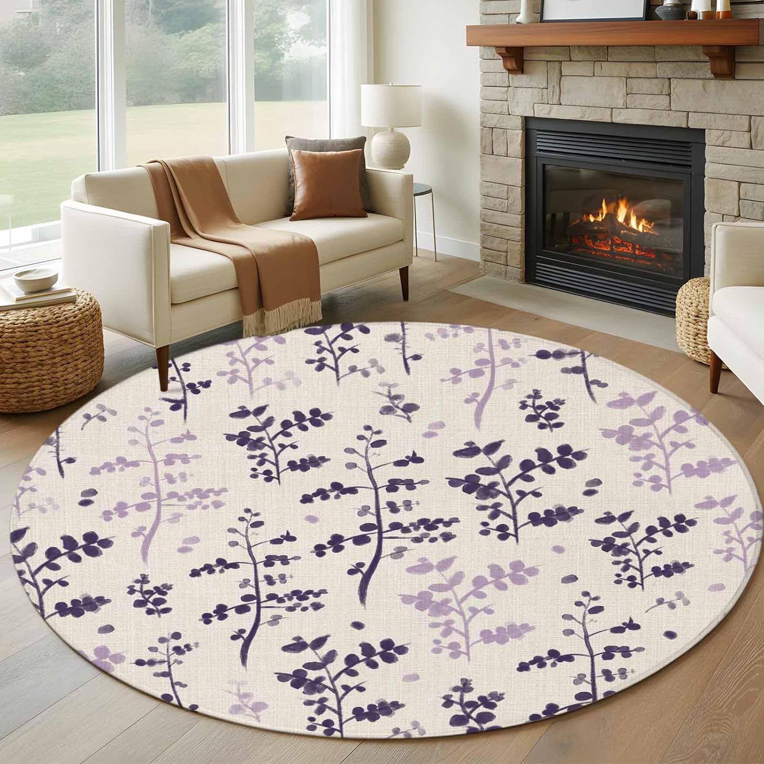Teamery Round Area Rug 5ft, Gradient Purple Leaves Country Non-Shedding Washable Area Rug, Herb Plant Retro Linen Non Slip Low-Profile Circle Rugs for Living Room, Bedroom Dining Room