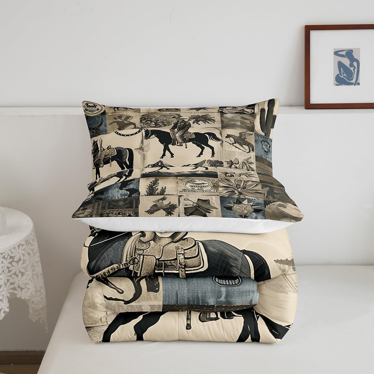 Feelyou Western Cowboy Comforter Set Full Size for Boys Men Teens Retro Farmhouse Bedding Set American Wild West Desert Patchwork Down Comforter Country Theme Bedroom Decor Duvet Set