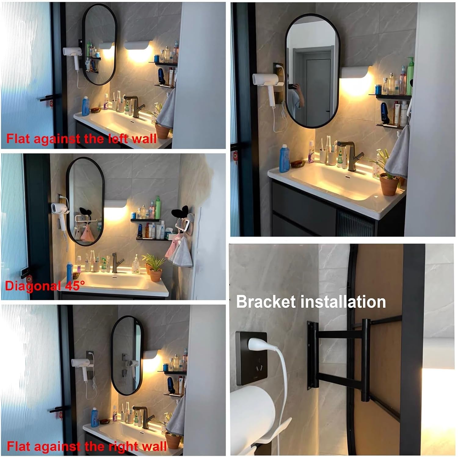 Wall Mounted Corner Mirror, Oval Bathroom Mirror with Aluminum Frame, HD, Explosion Proof, Swivel Corner Mirror with Bracket, Adjustable Angle,Black, Gold, White(Size:35x60cm,Color:Black)