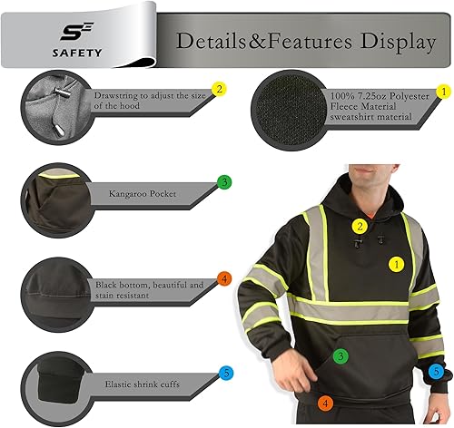 Miniatura 80 de sesafety Sudadera de seguridad de alta visibilidad para hombre, sudadera con capucha reflectante con cremallera clase 3, sudadera con capucha