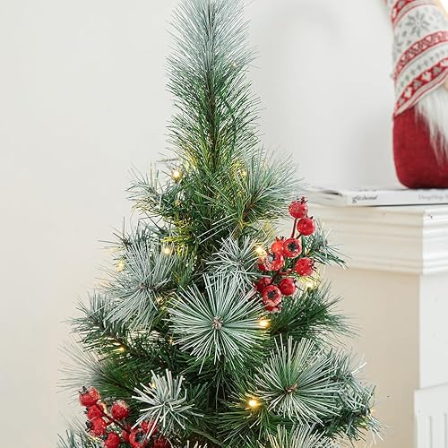 Miniatura 9 de Glitzhome 1 árbol de Navidad artificial de pino preiluminado, árbol de Navidad de 4 pies con 80 luces blancas cálidas, piñas y bayas rojas para el