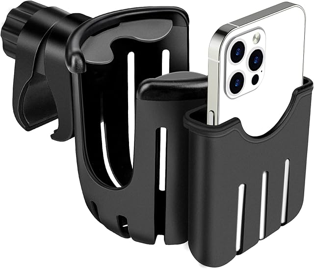 Guiseapue Pram Cup Holder, Universal Coffee Bottler Holder with Phone Holder Organizer for Stroller, Pushchair, Buggy, Bike, Wheelchair, Walker (Black-Style 2)