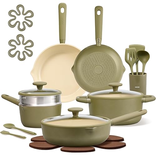 CAROTE 21pcs Cookware Set Nonstick Pots and Pans Set, Ceramic Cookware Set Induction Cookware, Non toxic Healthy Non Stick Kitchen Cooking Set, PFAS PTFE Free