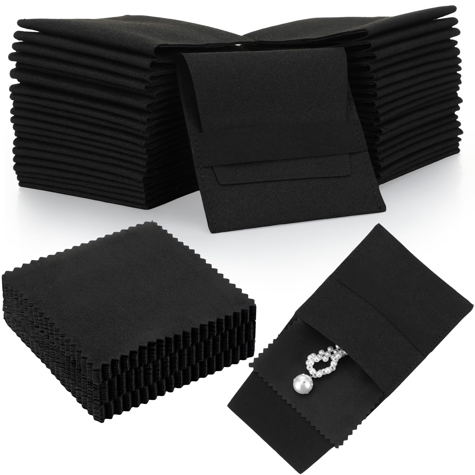 120 Stück Mikrofaser-Schmuckbeutel, 8 x 8 cm, Luxus-Geschenk, fester Riemen, Umschlag-Stil, Verpackung mit Reinigungstuch (schwarz)