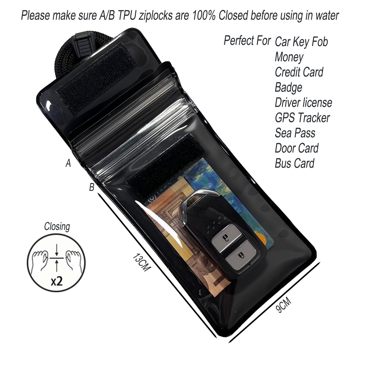 DRIPAC Floating Waterproof Car Key FOB Case Wallet Dry Bag Waterproof Pouch Holder for Key Credit Card ID Cash Badge (Black)