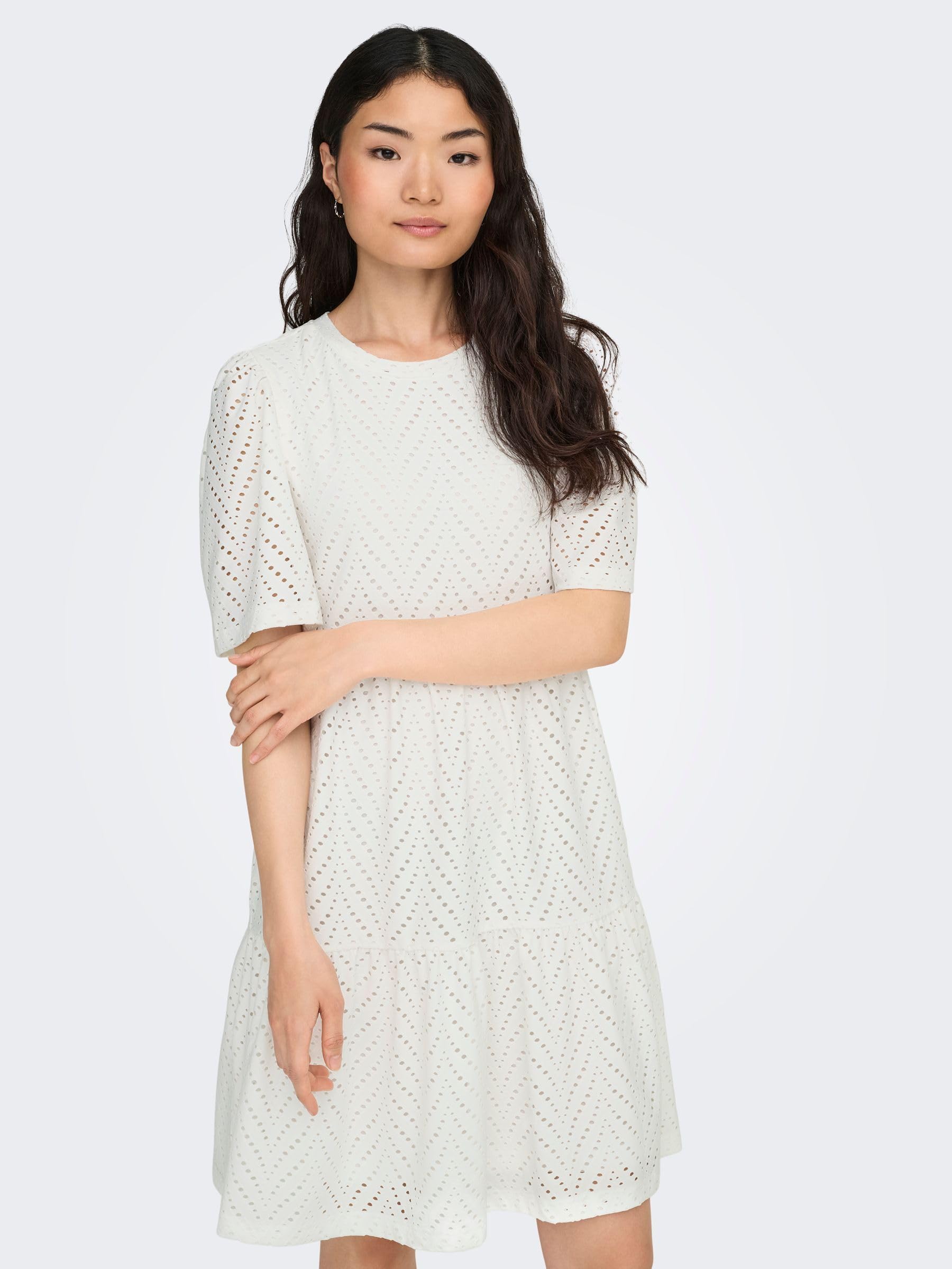 JDY Abito Corto Donna in Pizzo Ricamato Mini, Sciolto Maniche Corte, Collo Tondo, Lunghezza al Ginocchio JDYCARLA