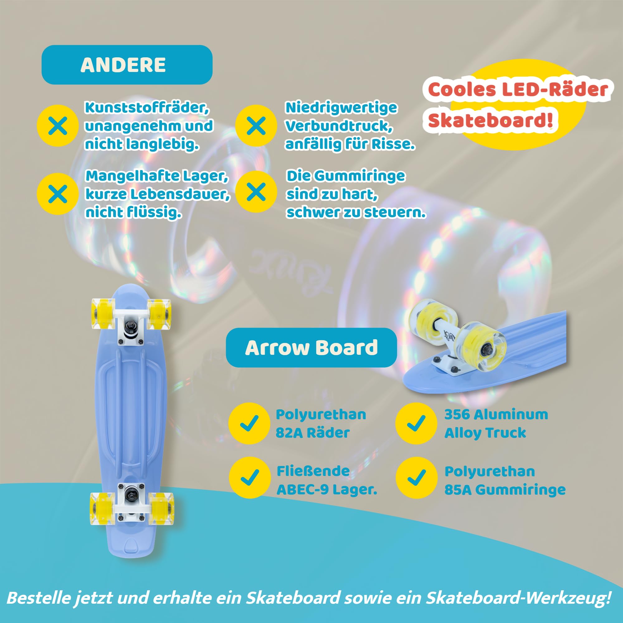 Arrow Board - KMX Skateboard da 22, 27, 31 pollici, Skateboard per bambini, adolescenti, adulti, stile classico Penny Board.