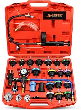 Automotive Radiator Pressure Tester & Coolant Vacuum Refill Tool Kit, Cooling System Manual Leak Test & Pneumatic Coolant Fill Filling Filler Set on Car Truck Airlift Engines, 28PCS Red