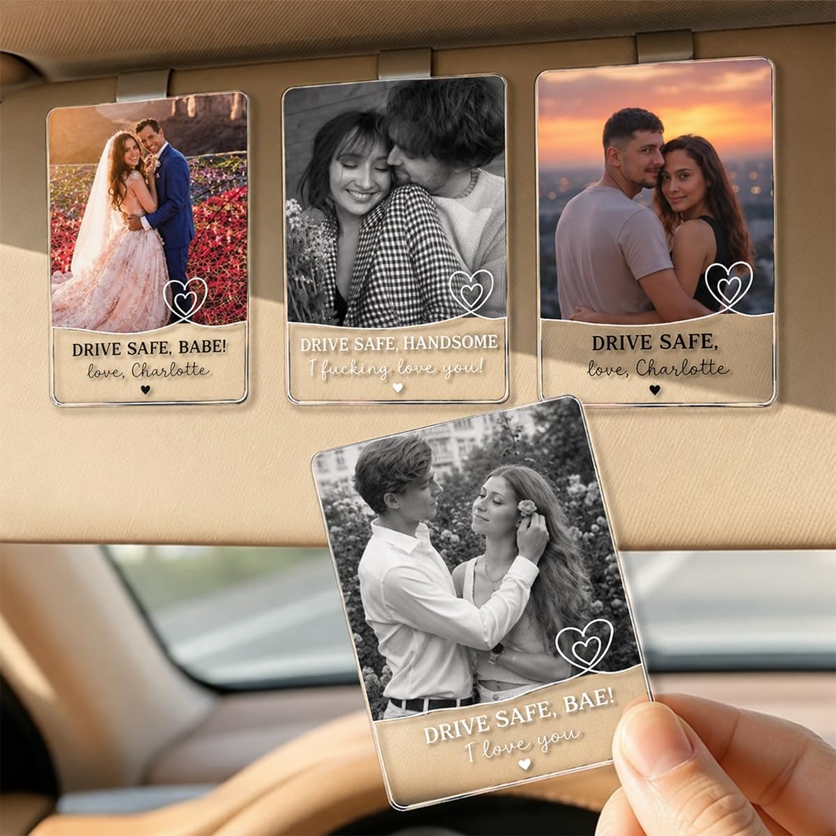 Personalized Photo Car Visor Clip, Custom Couple Picture Car Accessory, Drive Safe I Love You Visor Clip, Anniversary Valentine’s Gift for Boyfriend Husband Girlfriend