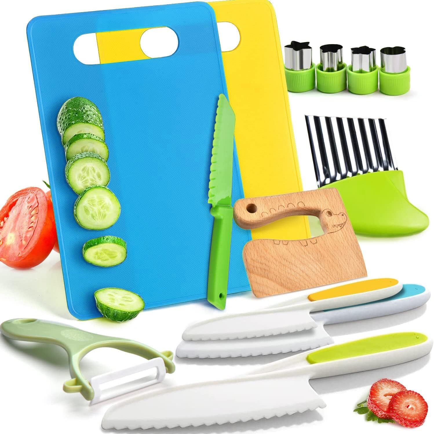 Masroo 13-Piece Montessori Kitchen Tools Set - Real Cooking with Plastic Toddler Safe Knives, Crinkle Cutter, Kids Cutting Board
