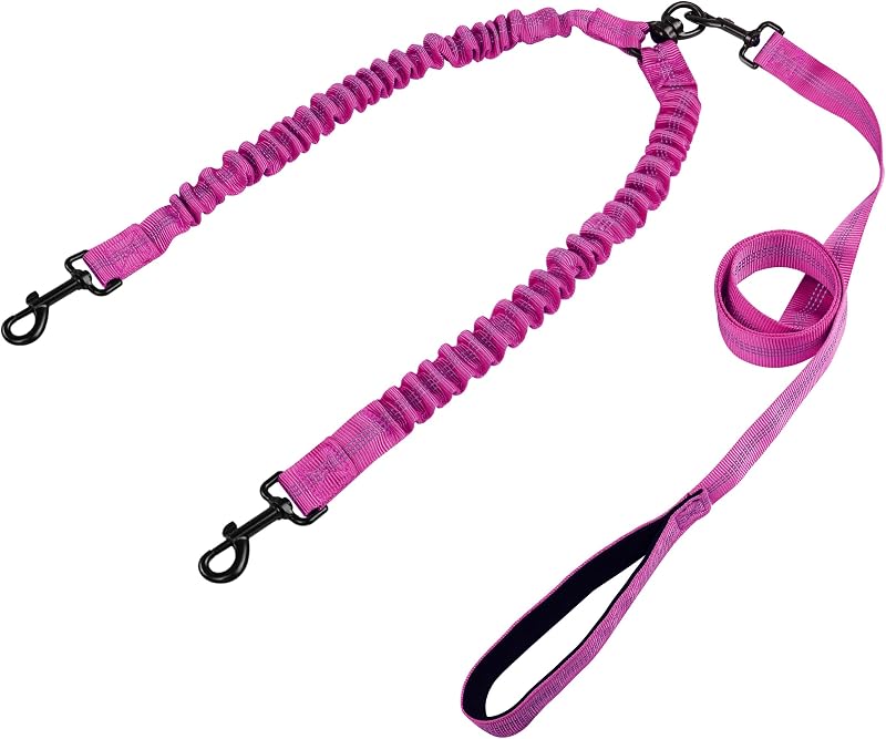 Guia Dupla para 2 Cães YAODHAOD com Giro 360°, Amortecimento Elástico e Faixas Refletivas (Rose Red)