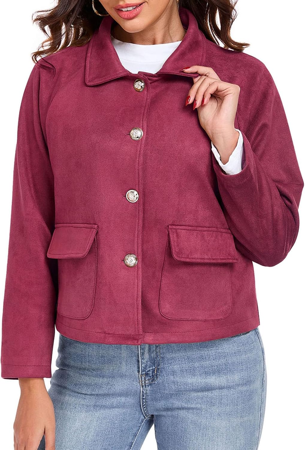 Women's Faux Suede Leather Jackets Cropped Coats Casual Button Down Fall Winter Outwear Trendy Shackets - Image 2