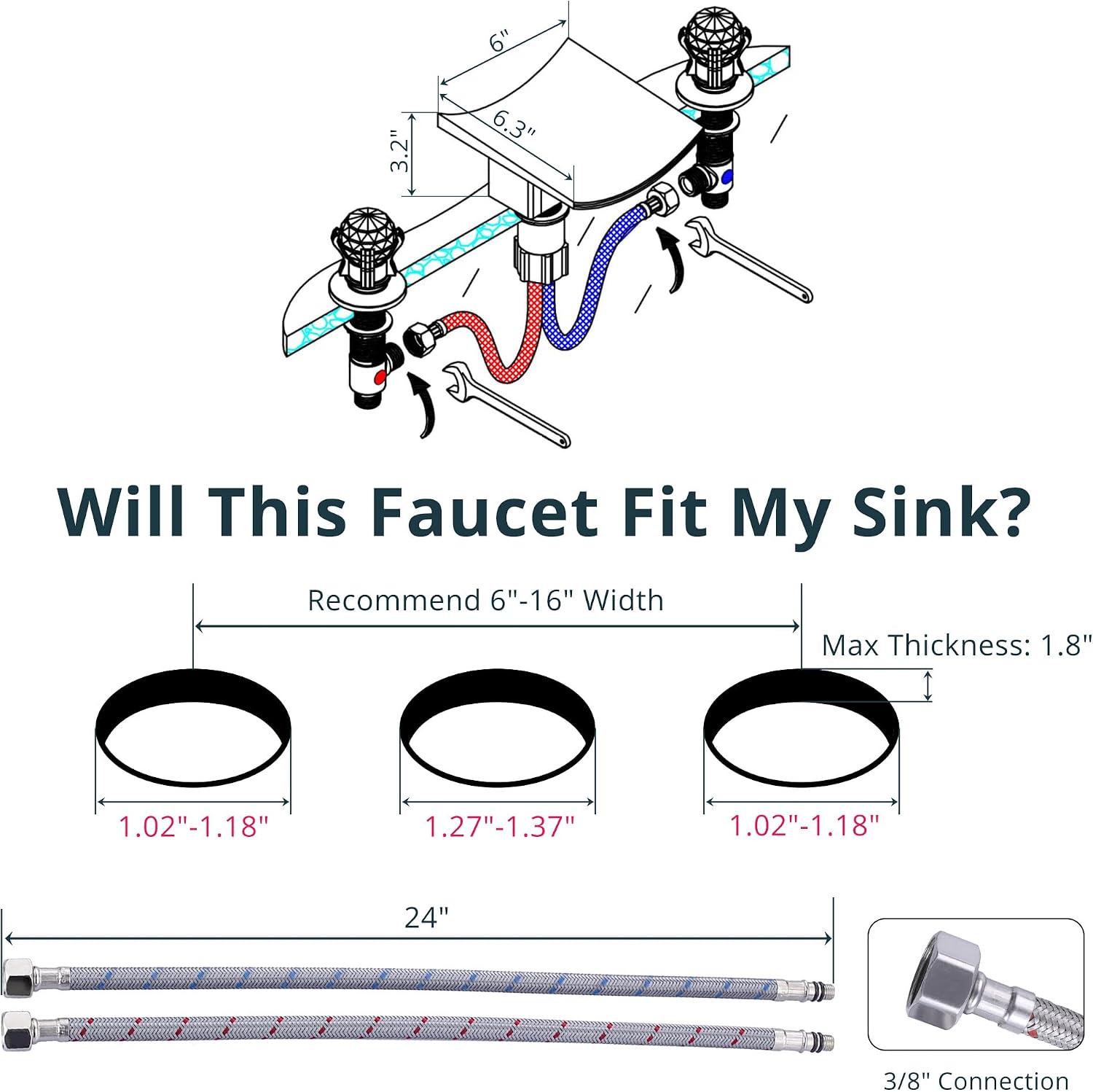 Waterfall Bathroom Faucet 3 Hole Widespread 8 Inch Bathroom Sink Faucet, Modern 2 Crystal Handles Vanity Faucet with Water Supply Hoses, Polished Chrome Finish