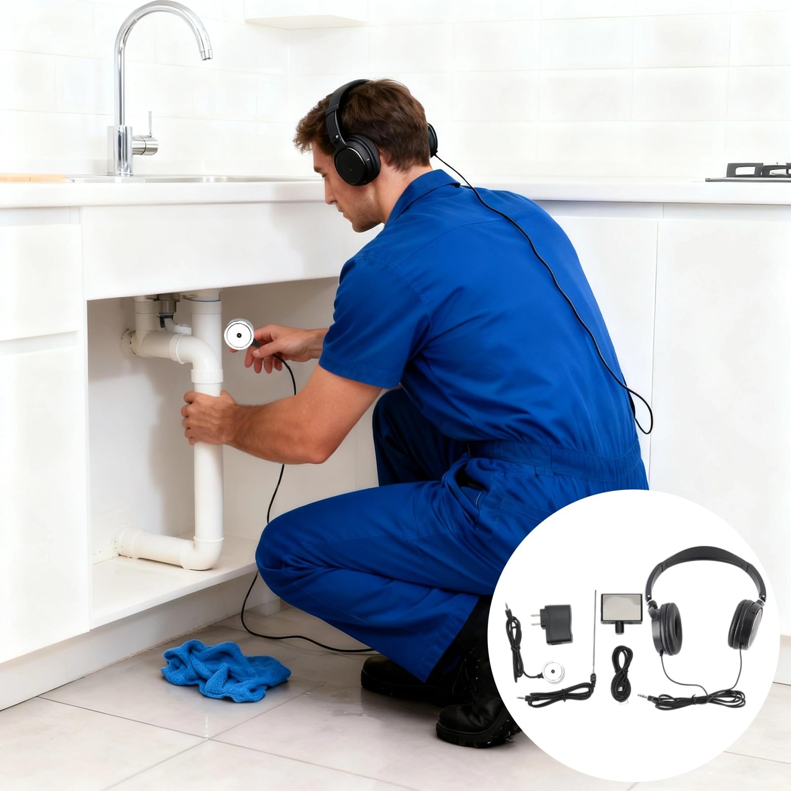 Kit detector de fugas de agua con auriculares, puntero de volumen y frecuencia ajustable, ABS y metal, incluye sondas, cargador, cable de datos, para detección de fugas de tuberías subterráneas y de