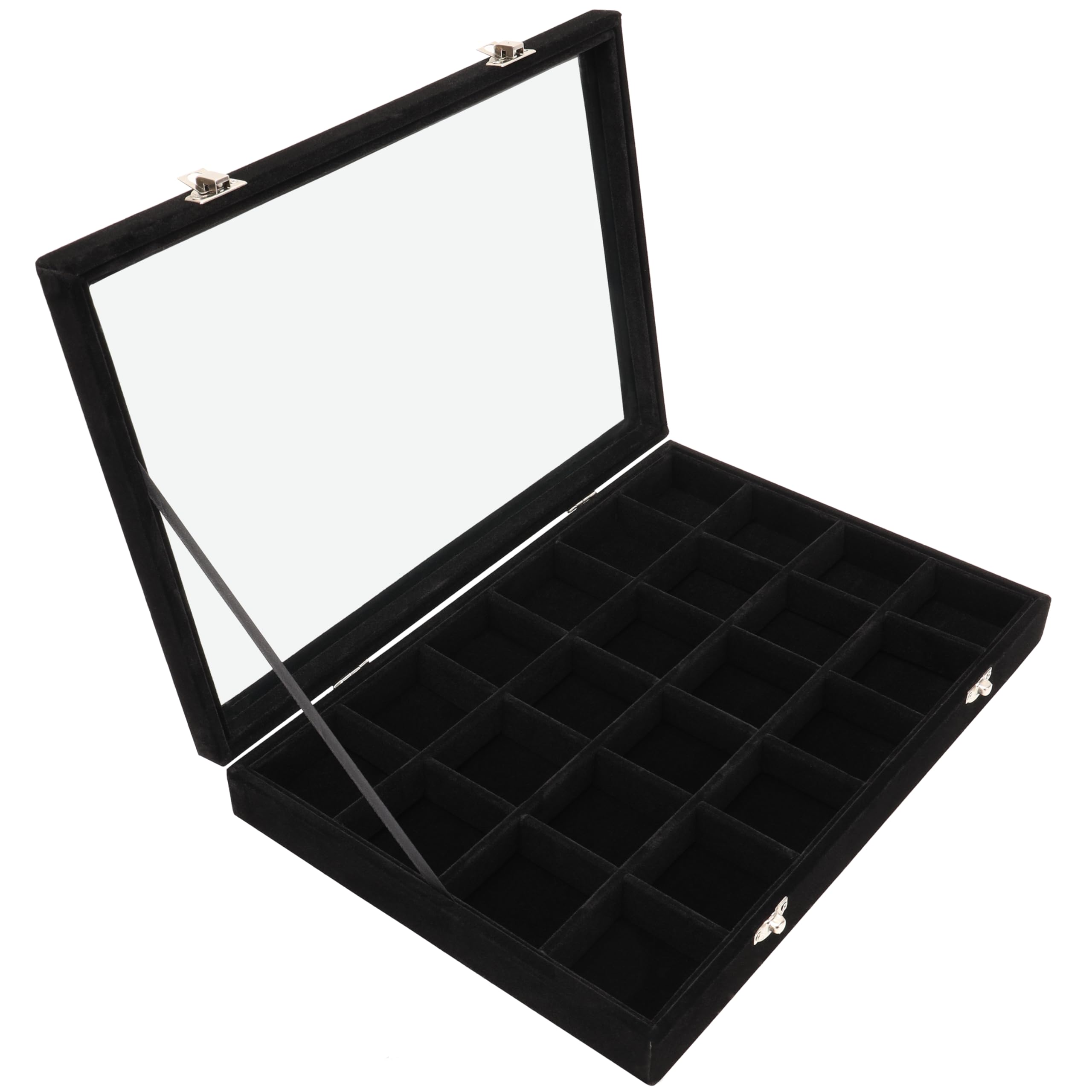 Belle Vous Black Velvet Jewellery Organiser Display Case with 24 Sections & Glass Lid - Large Stackable Box Tray - Adjustable Storage Grids for Rings, Necklaces, Bracelets, Earrings & Watches