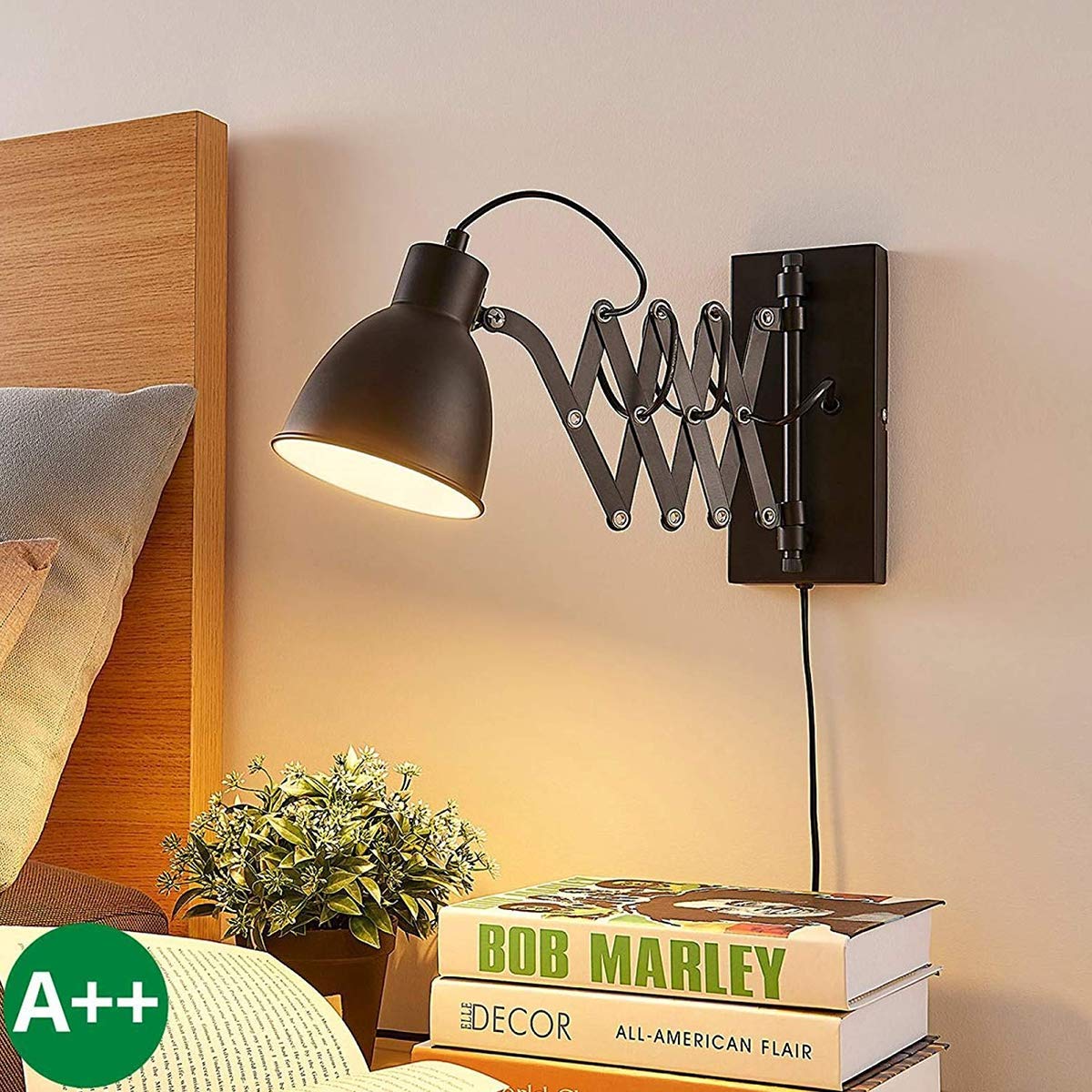 Schlafzimmer Industrie Wandleuchte mit Schalter, Metall Ausziehbare Scherenarm Innen Ausrichtbare Vintage Schwarze Wandlampe Kipp-am Kabel (1,5m lang) mit Stecker E27-Fassung, Max. 60W