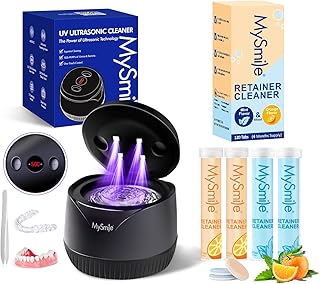 MySmile Ultrasonic Retainer Cleaner Machine with Tablets- 45kHz Black Dental Pod with 200ML Capacity and MySmile Retainer Cleaner with 120 Denture Cleaning Mix Flavor Tablets