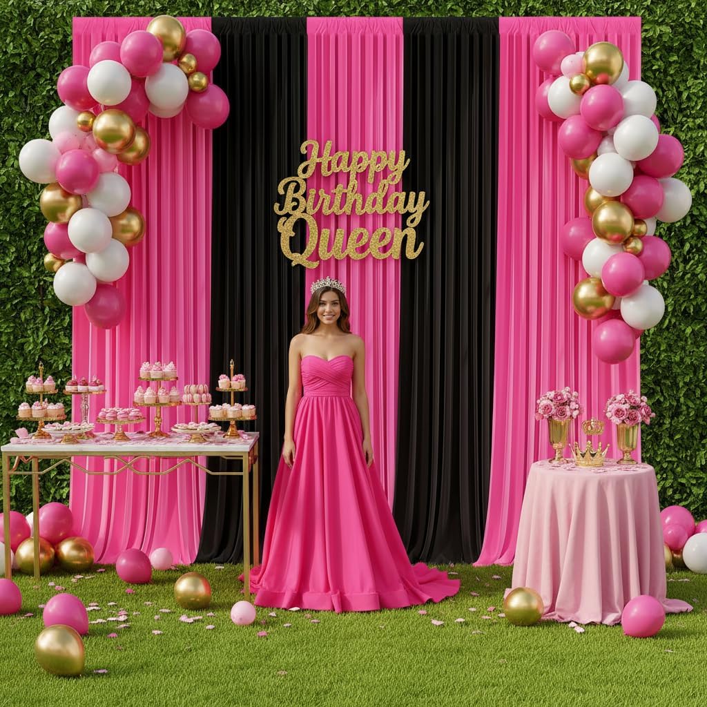 10x7FT Black and Pink Backdrop Curtain – Barbie Style Girl Birthday Party Background, Baby Girl Shower Photo Booth Backdrop, Wrinkle Free Studio Decor