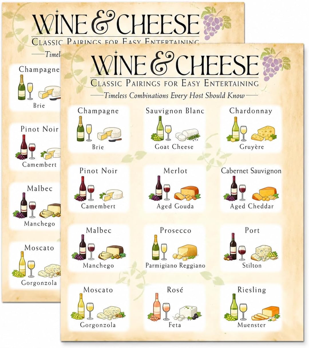 Wine and Cheese Pairing Guide Magnet 8.5x11 Entertaining Reference Chart Classic Food Combinations Kitchen Refrigerator Decor for Hosts Dinner Parties and Charcuterie Boards
