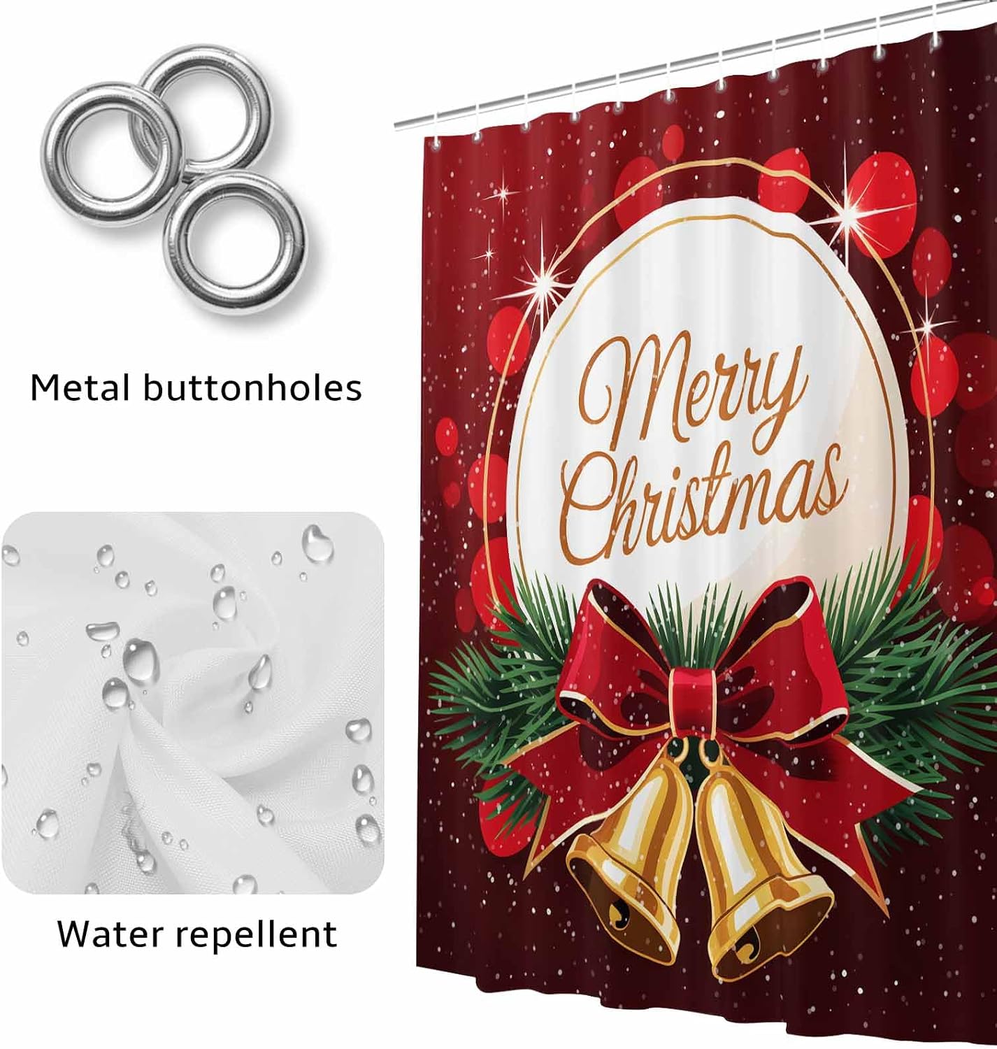 Merry Christmas Waterproof Shower Curtains Set - Small Shower Curtain 36 x 78 Inch, Winter Xmas Pine Needle Sparkle Bells Fabric Bathroom Curtain with 12 Hooks, Bathroom Accessories
