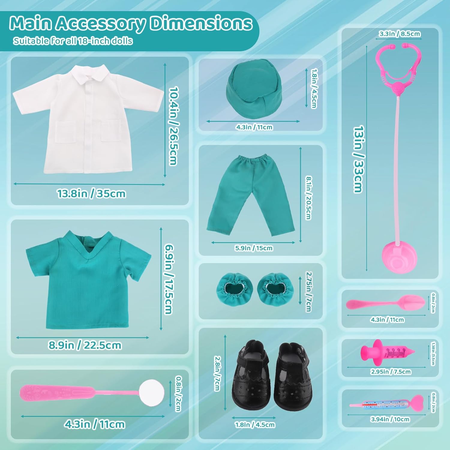 MSYO 18-Inch Doll Doctor Playset-Pretend Play Medical Kit with White Coat,Scrubs & Surgical Tools,STEM Roleplay Costume for Kids Ages 3-12,Fits Most 18-Inch Girl & Boy Dolls(Green)