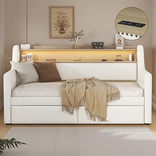 Twin Size Daybed with Storage Drawers and LED Light, PU Leather Twin Bed Frame with Charging Station and Storage Headboard, Sofa Bed for Living Room Bedroom Guest Room, Wood & Metal Frame