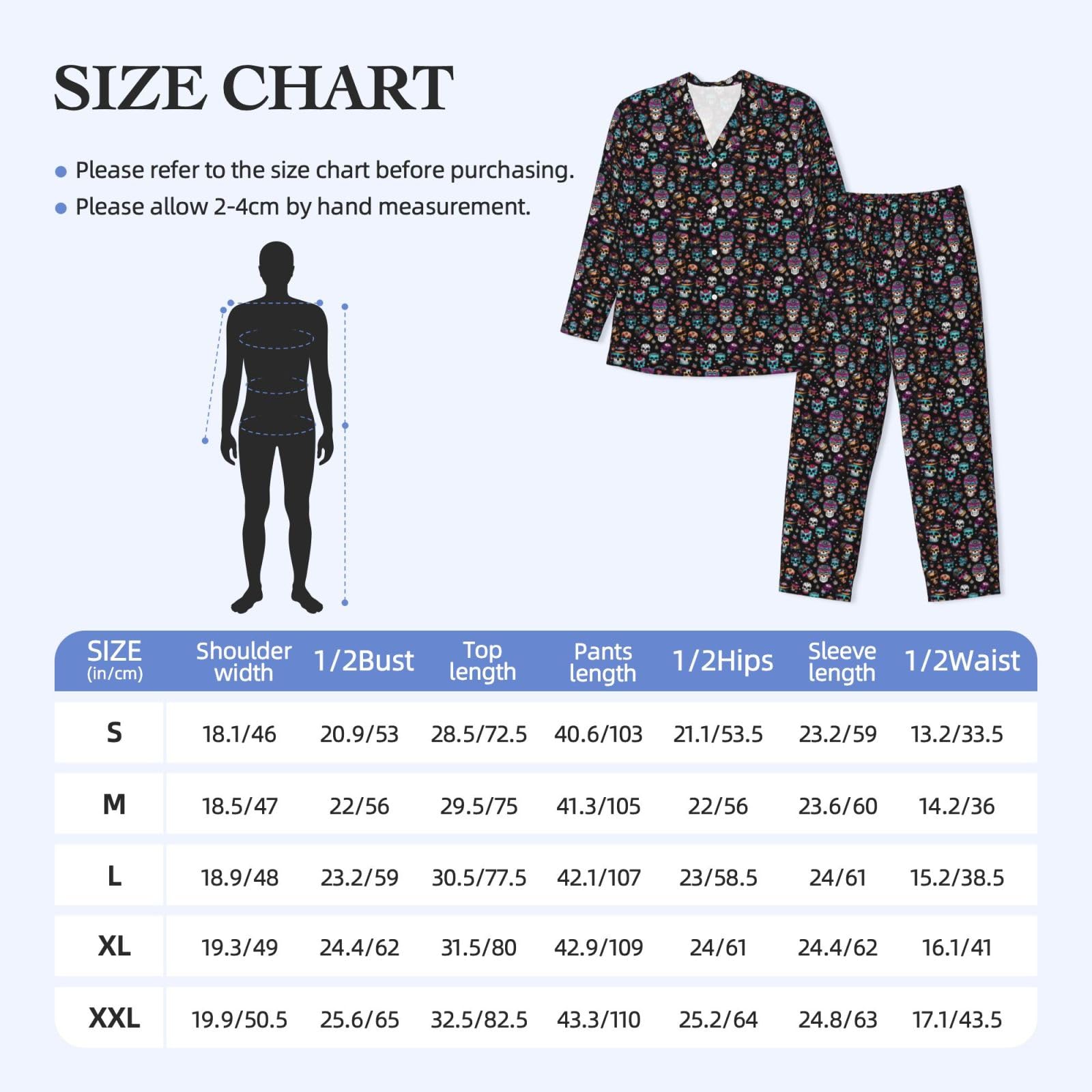 Sugar and Skulls Herren-Pyjama-Set, langärmelig, zweiteilig, Hauskleidung, bequeme Nachtwäsche, Nachtwäsche