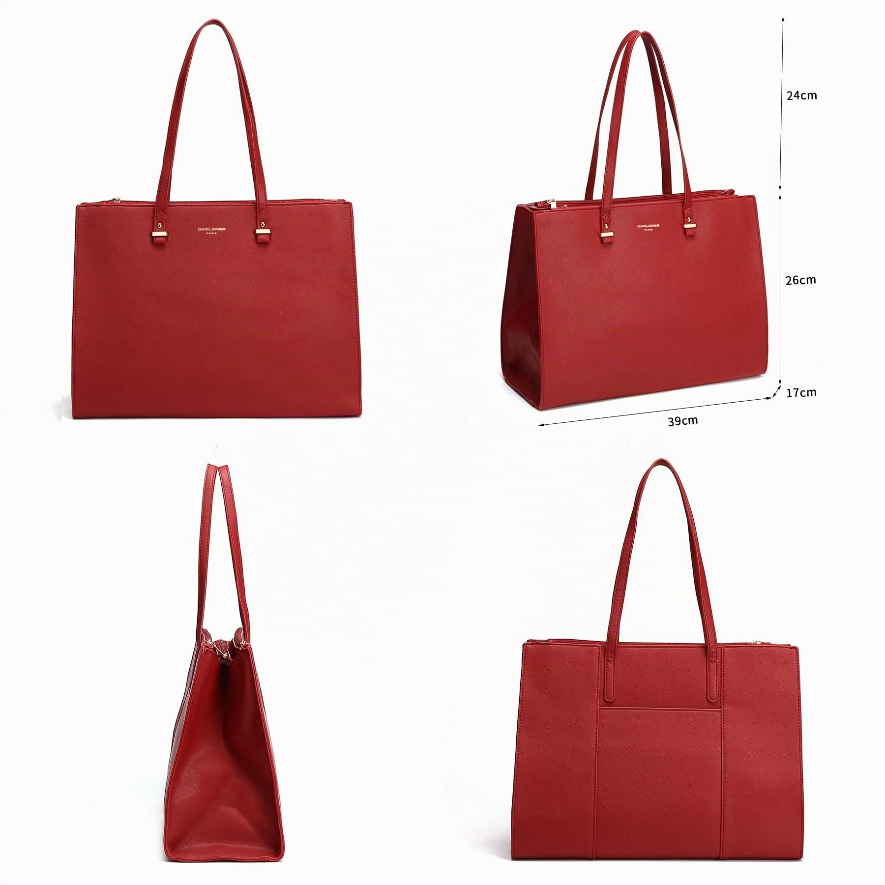 David Jones - Borsa a Spalla Tote Shopper Donna - Borsa a Mano Simil Pelle PU Grande Shopping Lavoro Formato A4 - Borsa Capiente Elegante Manico Lungo Quotidiana Mode Tendenza - Rosso