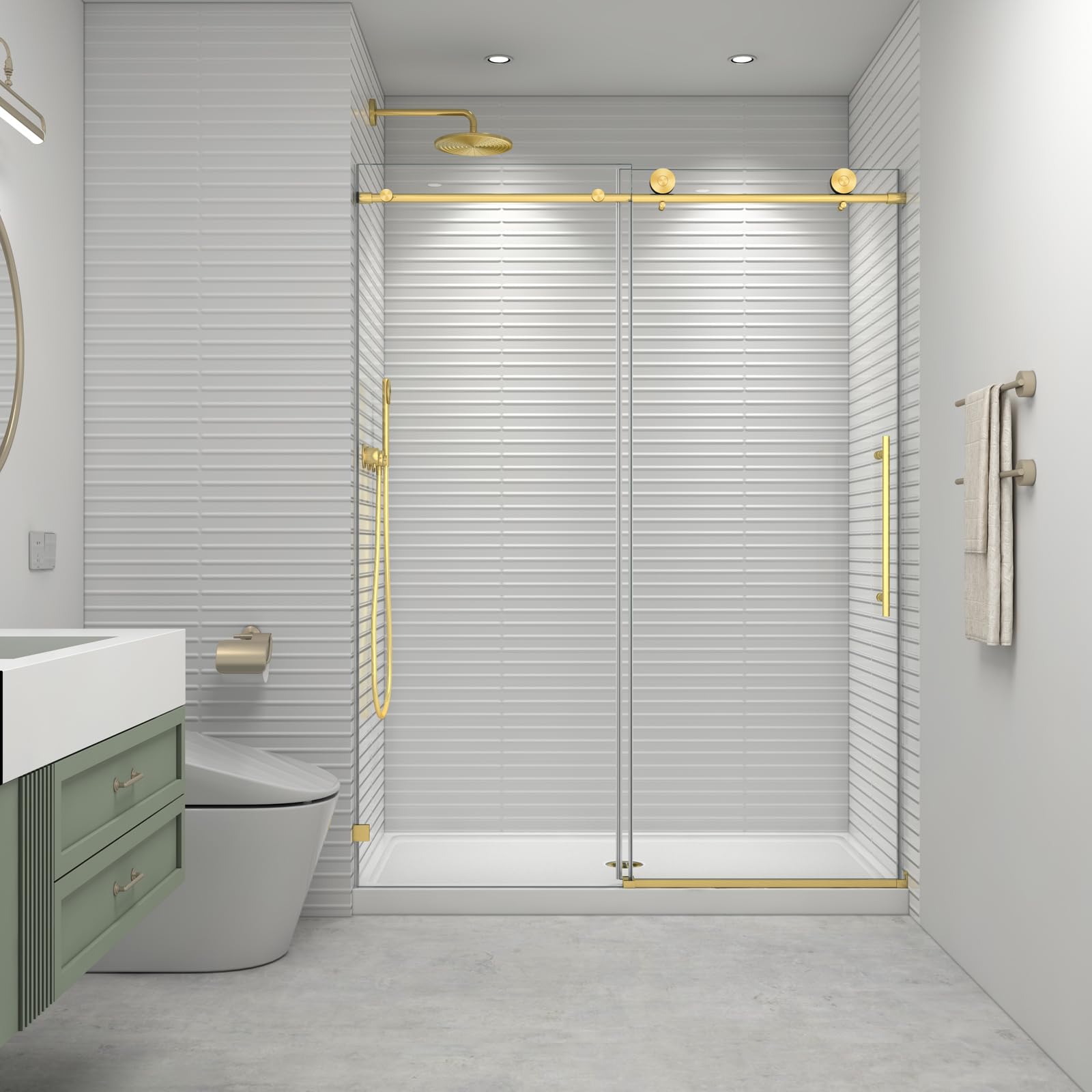EPXMKX 55-60 inch W x 76 inch H Soft Closing Sliding Frameless Shower Door in a modern bathroom